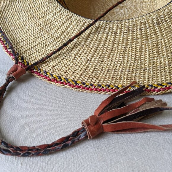 Handwoven Unisex Large Brim Straw Hat with Leather Tethers African Straw Hat - Picture 6 of 9